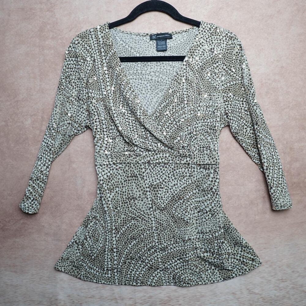 INC Sequin Surplice Top Champagne Gold L